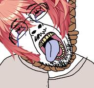 bloodshot_eyes crying dead doki_doki_literature_club flag glasses hair hanging mustache open_mouth rope sayori soyjak stubble suicide tongue variant:bernd yellow_teeth // 768x719 // 258.7KB