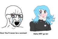 bloodshot_eyes blue_hair crying flag glasses hair meme open_mouth soyjak stubble text tranny variant:soyak wojak // 1435x978 // 443.4KB