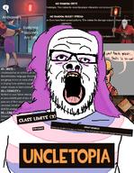 clothes flag glasses hair makeup mustache open_mouth purple_hair reddit soyjak stubble team_fortress_2 text tranny uncletopia variant:a24_slowburn_soyjak video_game yellow_teeth // 636x822 // 246.6KB