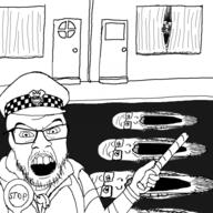 angry arm clothes drawn_background glasses hand hat holding_object multiple_soyjaks mustache open_mouth police police_hat road schizo schizophrenia soyjak stubble variant:feraljak variant:markiplier_soyjak window // 600x600 // 221.5KB