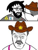 2soyjaks 4chan beard chitwood clothes cowboy_hat glasses grey_hair hair hat meta:tagme mudkip mustache open_mouth pokemon richard_golden sheriff soyjak triforce variant:feraljak variant:nerdjak // 739x987 // 217.9KB