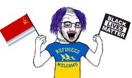 arm balding black_lives_matter clothes communism crazed flag glasses hair hammer_and_sickle hand holding_flag holding_object makeup open_mouth purple_hair refugees_welcome stubble text tranny tshirt variant:soyak // 1121x665 // 341.6KB