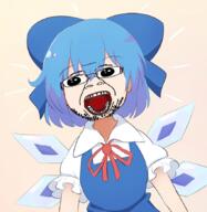 anime blue_hair cirno frog glasses hair oh_my_god_she_is_so_attractive open_mouth pepe soyjak stubble tongue touhou variant:bernd video_game white_skin // 850x872 // 600.5KB