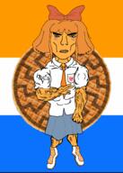 animated bowtie buff cartoon clothes female flag full_body mymy necktie netherlands ongezellig orange_hair orange_skin peace_sign queen_of_hearts skirt sonnenrad soyjak subvariant:chudjak_front tattoo variant:chudjak vein waffles // 1000x1400 // 3.6MB