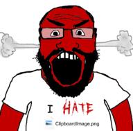 angry balding beard clipboardimage clothes fume glasses i_hate open_mouth red red_skin smoke soyjak subvariant:science_lover tshirt variant:markiplier_soyjak // 800x789 // 212.5KB