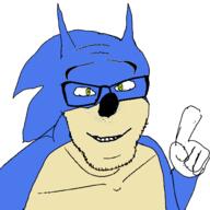 arm closed_mouth glasses green_eyes hand pointing sega smile sonic sonic_the_hedgehog soyjak stubble variant:feraljak video_game // 1500x1500 // 133.4KB