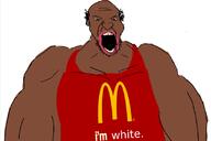 amerimutt balding black_skin hair mcdonalds open_mouth sleeveless_shirt soyjak text variant:chaosjak yellow_teeth // 821x548 // 78.0KB