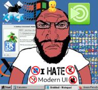 angry animal apple_(company) arm baby_duck balding beard bird chicago95 closed_mouth clothes dragon glasses gnome_(desktop_environment) gui hair i_hate icon kde konqi logo mate_(desktop_environment) mouse no_symbol punisher_face red_skin soyjak subvariant:science_lover taskbar technology text tshirt variant:markiplier_soyjak windows windows_11 xfce xorg // 1017x935 // 770.2KB