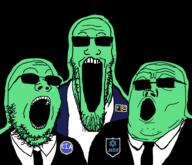 3soyjaks central_intelligence_agency clothes federal_bureau_of_investigation glasses glowie glowing green jidf open_mouth soyjak soyjak_trio stretched_mouth stubble suit sunglasses text variant:gapejak variant:markiplier_soyjak variant:tony_soprano_soyjak // 968x832 // 30.6KB