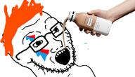 arm bottle david_bowie drinking drinking_soylent face_paint glasses hair hand holding_bottle holding_object holding_soylent open_mouth orange_hair plastic_bottle soy soyjak soylent soylent_(cacao) soylent_bottle stubble variant:soyak // 1159x665 // 2.2MB