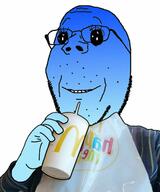 blue_skin calm clothes cup drinking_straw glasses hand holding_object mcdonalds oh_my_god_she_is_so_attractive smile soyjak stubble subvariant:wholesome_soyjak variant:gapejak // 1080x1297 // 109.4KB