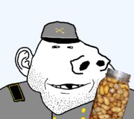 clothes confederate deformed ear food hat jar large_nose no_eyebrows nut peanut smile soyjak stubble subvariant:arkansasjak uniform variant:impish_soyak_ears // 868x774 // 202.3KB