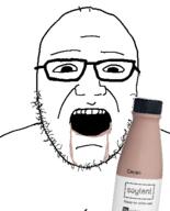 bottle drinking_soylent glasses open_mouth plastic_bottle soy soyjak soylent soylent_(cacao) soylent_bottle stubble variant:unknown // 375x466 // 43.3KB