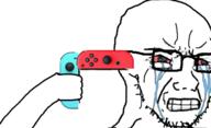 animated arm bloodshot_eyes clenched_teeth crying glasses gun hand joycon nintendo nintendo_switch shaking soyjak stubble suicide variant:soyak video_game // 463x283 // 1.1MB