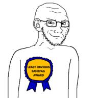 arm award badge closed_mouth ear samefag smile smirk smug soyjak stubble text variant:soyak // 600x600 // 56.0KB