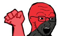 anarcho-communism arm bald communism fist flag flag:anarcho-communism glasses hand open_mouth politics soyjak stubble variant:soyak // 578x346 // 37.8KB