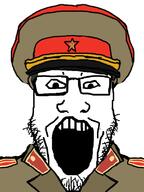 clothes communism ear glasses hair hammer_and_sickle hat kgb necktie open_mouth soyjak stubble uniform variant:markiplier_soyjak // 600x800 // 133.3KB