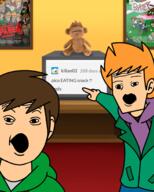 2soyjaks brown_hair clothes computer drawn_background ear eddsworld hair no_nose open_mouth orange_hair pointing poster soy_parody soyjak variant:two_pointing_soyjaks // 1638x2048 // 1.7MB