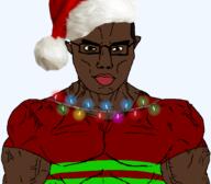 arm black_skin brown_eyes buff christmas christmas_lights closed_mouth clothes ear flag glasses hair lights santa santa_hat soyjak subvariant:chudjak_front subvariant:muscular_chud tshirt variant:chudjak vein yellow_sclera // 1059x929 // 249.1KB