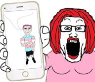 2soyjaks buff chud closed_mouth female feminist glasses holding_object holding_phone iphone open_mouth phone soyjak subvariant:chudjak_front subvariant:unbotheredchud tranny variant:chudjak variant:markiplier_soyjak vein // 1000x872 // 680.8KB