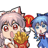 2soyjaks anime cirno clothes french_fries fujiwara_no_mokou goyslop holding_object jokanhiyou mcdonalds meta:not_a_soyjak soy_parody touhou variant:two_pointing_soyjaks video_game // 456x460 // 206.4KB