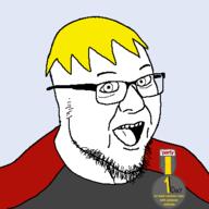 badge clothes glasses hair nate open_mouth soot_colors soyjak soyjak_party stubble text variant:terfjak yellow_hair // 400x400 // 19.0KB