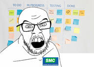 agile badge glasses mustache open_mouth scrum_master soyjak sticky_note stubble text variant:feraljak // 1302x930 // 187.8KB