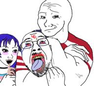 bloodshot_eyes buff country crying eyelashes flag glasses headlock makeup mustache nazism open_mouth purple_hair smile smug stubble swastika tongue tranny united_states variant:bernd variant:wojak wojak yellow_teeth // 499x461 // 125.3KB