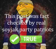 button clothes donald_trump ear hair necktie open_mouth orange_skin politics qanon soyjak subvariant:wholesome_soyjak suit text true variant:gapejak // 640x570 // 444.8KB