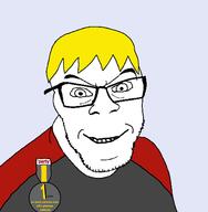 badge clothes glasses hair nate open_mouth smile smug soyjak soyjak_party stubble text variant:feraljak yellow_hair // 1470x1500 // 259.7KB