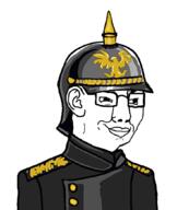 black_shirt chud clothes ear epaulettes glasses hat helemt helmet pickelhaube prussia reichsadler smile smirk smug soyjak uniform variant:chudjak // 944x1047 // 280.8KB