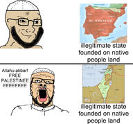 2soyjaks al_andalus arab beard brown_skin clothes glasses hat islam israel mucus open_mouth palestine place_japan smile smug soyjak stubble taqiyah text variant:a24_slowburn_soyjak variant:soyak // 1125x1047 // 245.5KB