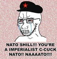 bloodshot_eyes closed_mouth clothes communism crying cuck glasses hammer_and_sickle hat meme military_beret nato red_eyes seething soyjak stubble text variant:soyak wordswordswords // 411x422 // 66.9KB