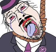 barneyfag bloodshot_eyes clothes crying don_turtelli glasses hair hanging hat mustache necktie open_mouth rope soyjak stubble suicide suit teenage_mutant_ninja_turtles tongue variant:bernd white_skin yellow_teeth // 768x719 // 329.8KB