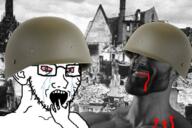 blood bloodshot_eyes clothes combat_helmet crying ear gigachad glasses hand hat helmet irl_background military open_mouth soyjak stubble variant:soyak war // 680x454 // 318.5KB