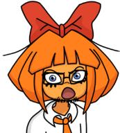 angry bowtie cartoon dutch eyelashes female glasses hair hair_ribbon mymy ongezellig open_mouth orange_hair orange_skin soyjak stubble variant:feraljak // 769x851 // 187.7KB