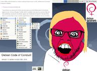 computer crazed debian glasses hair linux logo makeup mustache open_mouth pink_skin soyjak stubble text tranny variant:feraljak yellow_hair // 1040x757 // 258.3KB