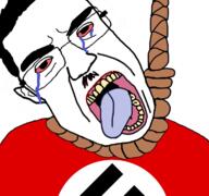 bloodshot_eyes clothes crying flag flag:nazi_germany glasses hair hanging mustache nazism open_mouth pol_(4chan) politics rope soyjak subvariant:chudjak_front suicide swastika tongue variant:chudjak yellow_teeth // 768x719 // 304.3KB