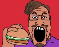 arm beard brown_hair brown_skin clothes food glasses grubhub hair hamburger hand holding_object open_mouth soyjak variant:markiplier_soyjak // 900x707 // 572.2KB