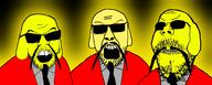 3soyjaks angry beard china clothes dog ear glasses glowie mustache necktie open_mouth soyjak stubble suit sunglasses variant:feraljak variant:feraljak_front variant:gapejak yellow yellow_skin // 2490x1000 // 739.3KB