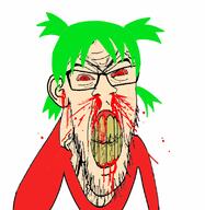 4chan angry anime blood bloodshot_eyes clenched_teeth clothes cracked_teeth ear glasses green_hair hair looking_at_you mustache nosebleed open_mouth pigtails red_eyes soyjak stubble subvariant:feralrage tshirt variant:feraljak vein white_skin yellow_teeth yotsoyba // 778x800 // 263.1KB