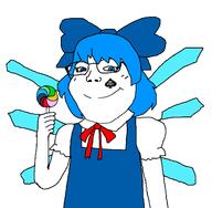 anime arm bbc blue_eyes blue_hair bowtie cirno closed_mouth clothes female femjak glasses hair hair_ribbon hand holding_lollipop holding_object loli lollipop queen_of_spades smile soyjak subvariant:soylita touhou variant:gapejak video_game // 1436x1408 // 79.1KB