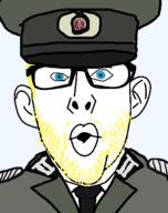 blue_eyes clothes collar_tabs collared_coat communism ear east_germany epaulettes germany glasses hat jacket military military_hat military_jacket military_uniform necktie open_mouth peaked_cap soyjak stubble uniform variant:nojak yellow_hair // 443x559 // 54.2KB