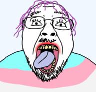 flag flag:transgender_pride_flag glasses lipstick open_mouth small_pupils soyjak stubble template tongue tranny variant:bernd yellow_teeth // 2014x1920 // 545.2KB