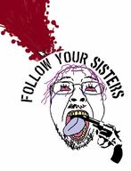 blood bloodshot_eyes crying glasses gun hair open_mouth purple_hair soyjak stubble suicide text tongue variant:bernd yellow_teeth // 900x1179 // 110.3KB