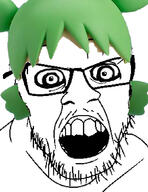 4chan angry anime crazed glasses green_hair hair mustache no_eyebrows open_mouth soyjak stubble variant:feraljak yotsoyba // 811x1049 // 260.1KB