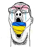 blush closed_eyes country crying ear facemask flag glasses open_mouth russo_ukrainian_war soyjak stubble ukraine variant:reaction_soyjak // 371x431 // 56.7KB