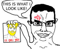 4chan anger_mark angry arm gigachad glasses hair hand holding_object pol_(4chan) smile soyjak speech_bubble subvariant:chudjak_front text variant:chudjak // 680x554 // 166.8KB