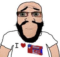 arm bald beard closed_mouth clothes glasses green_eyes heart i_love smile soyjak subvariant:science_lover tshirt variant:markiplier_soyjak white_skin zoloft // 808x777 // 412.8KB