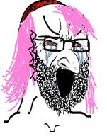 beard bloodshot_eyes clothes crying glasses hair hat judaism kippah open_mouth pink_hair soyjak stretched_mouth tranny variant:soyak // 785x1000 // 621.8KB